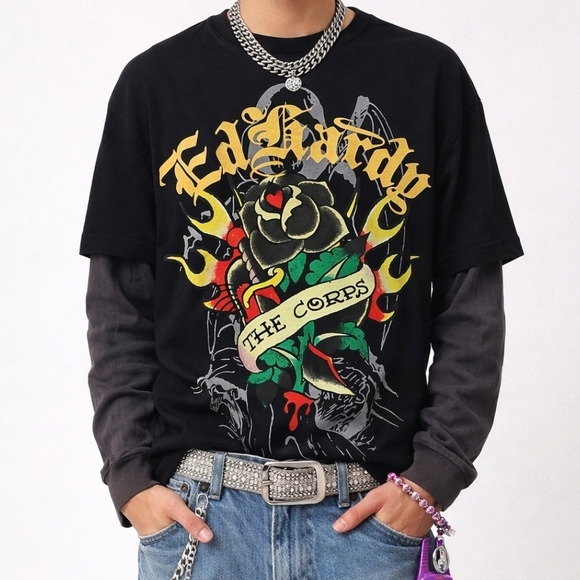 Ed Hardy Graphic Layered-Look Tee in Black and Charcoal - Picture 2 of 10